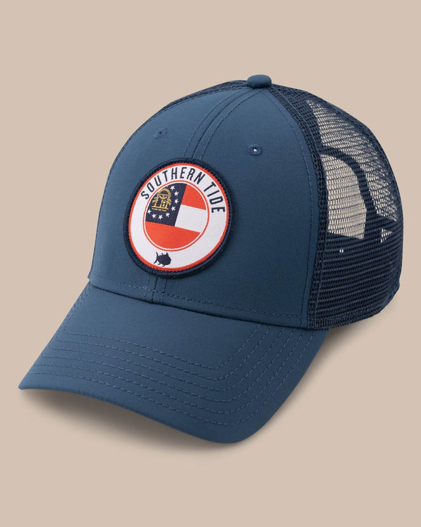 The front view of the Men's Georgia Patch Performance Trucker Hat by Southern Tide - Seven Seas Blue