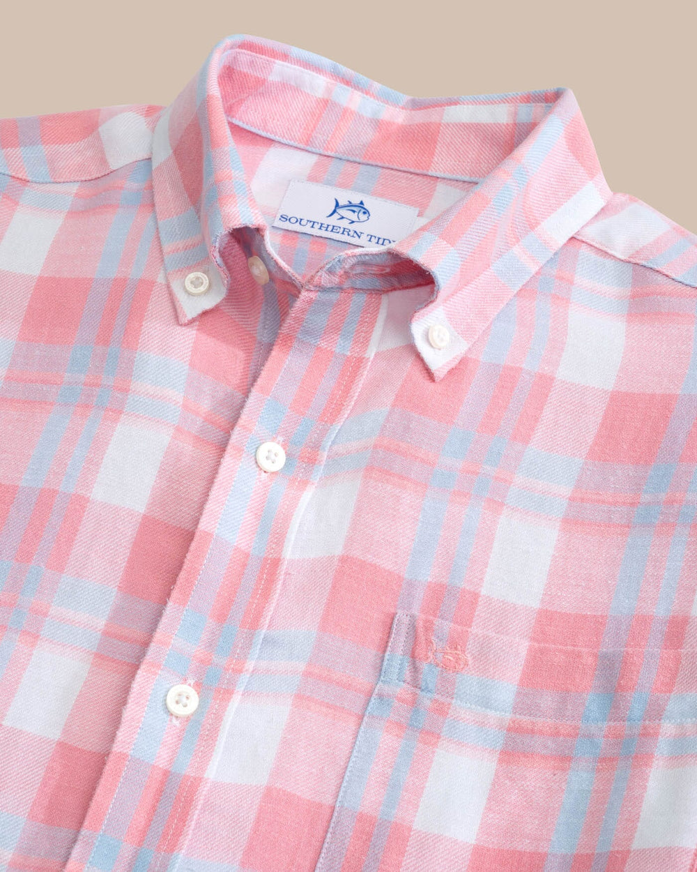 The detail view of the Southern Tide Headland Reedy Plaid Long Sleeve Sport Shirt by Southern Tide - Geranium Pink