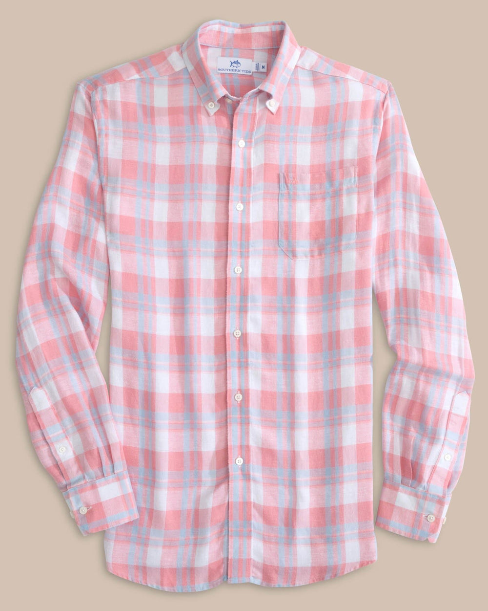 The front view of the Southern Tide Headland Reedy Plaid Long Sleeve Sport Shirt by Southern Tide - Geranium Pink