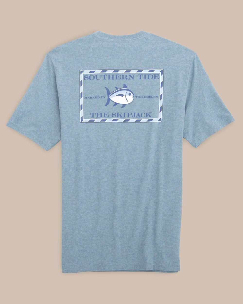 The back view of the Southern Tide Heathered Original Skipjack T-Shirt by Southern Tide - Heather Blue Shadow