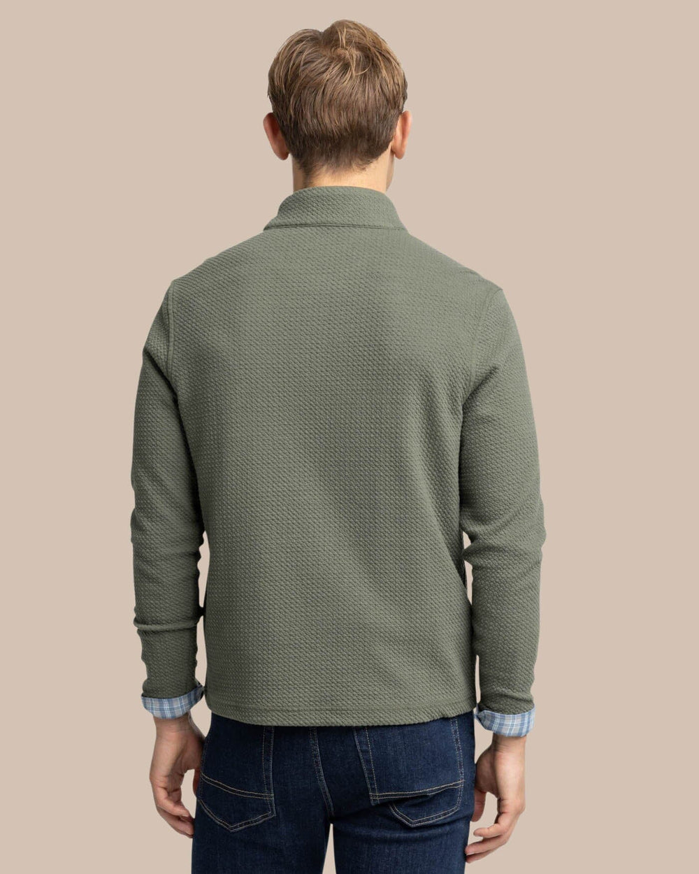 The back view of the Southern Tide Heather Outbound Quarter Zip by Southern Tide - Heather Gulf Green