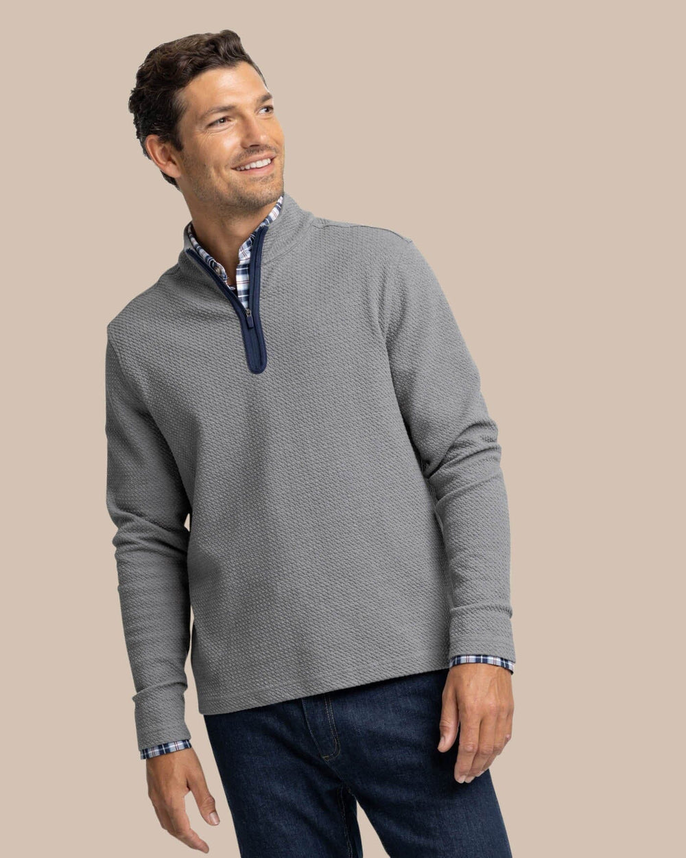 The front view of the Southern Tide Heather Outbound Quarter Zip by Southern Tide - Heather Shadow Grey