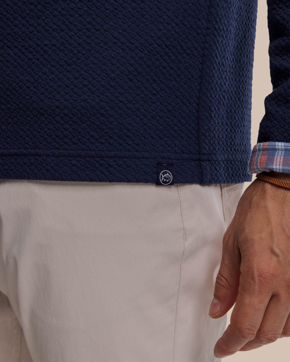 The detail view of the Southern Tide Heather Outbound Quarter Zip by Southern Tide - Heather True Navy