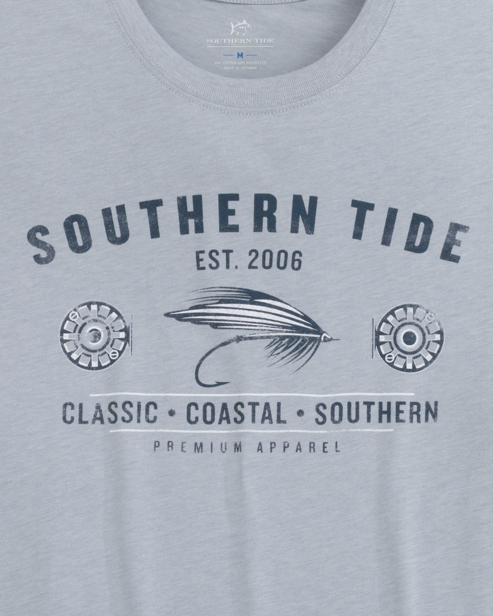 The detail view of the Southern Tide Heather Reel Fly Premium Apparel Short Sleeve T-Shirt by Southern Tide - Heather Platinum Grey