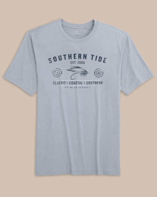 The front view of the Southern Tide Heather Reel Fly Premium Apparel Short Sleeve T-Shirt by Southern Tide - Heather Platinum Grey