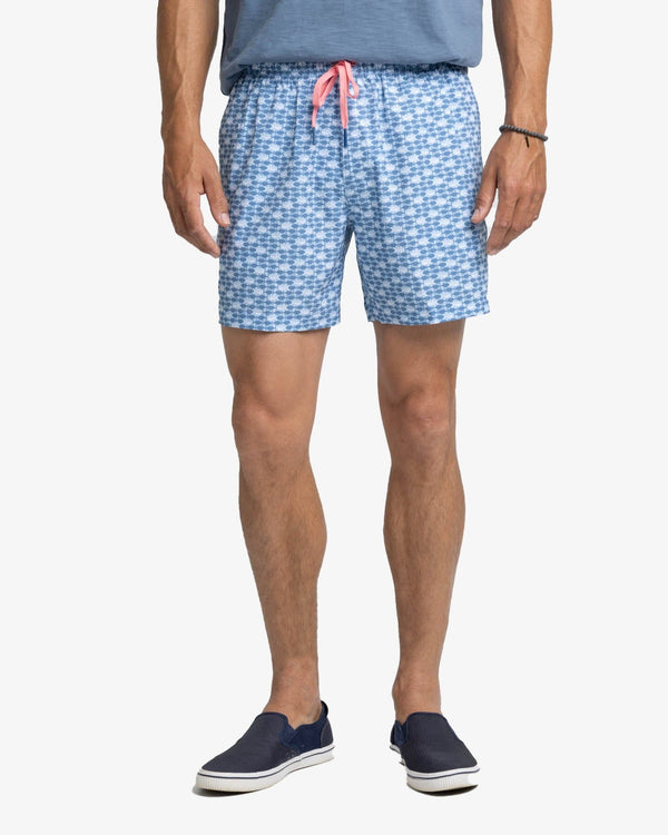 The front view of the Southern Tide Heather Skipping Jacks Swim Trunk by Southern Tide - Heather Clearwater Blue