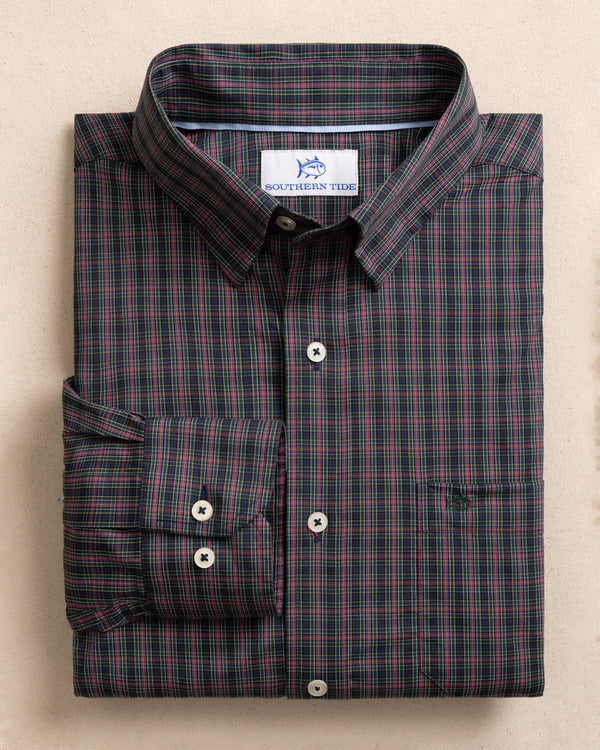 The front view of the Southern Tide Heyward Tartan Charleston Sport Shirt by Southern Tide - Dress Blue