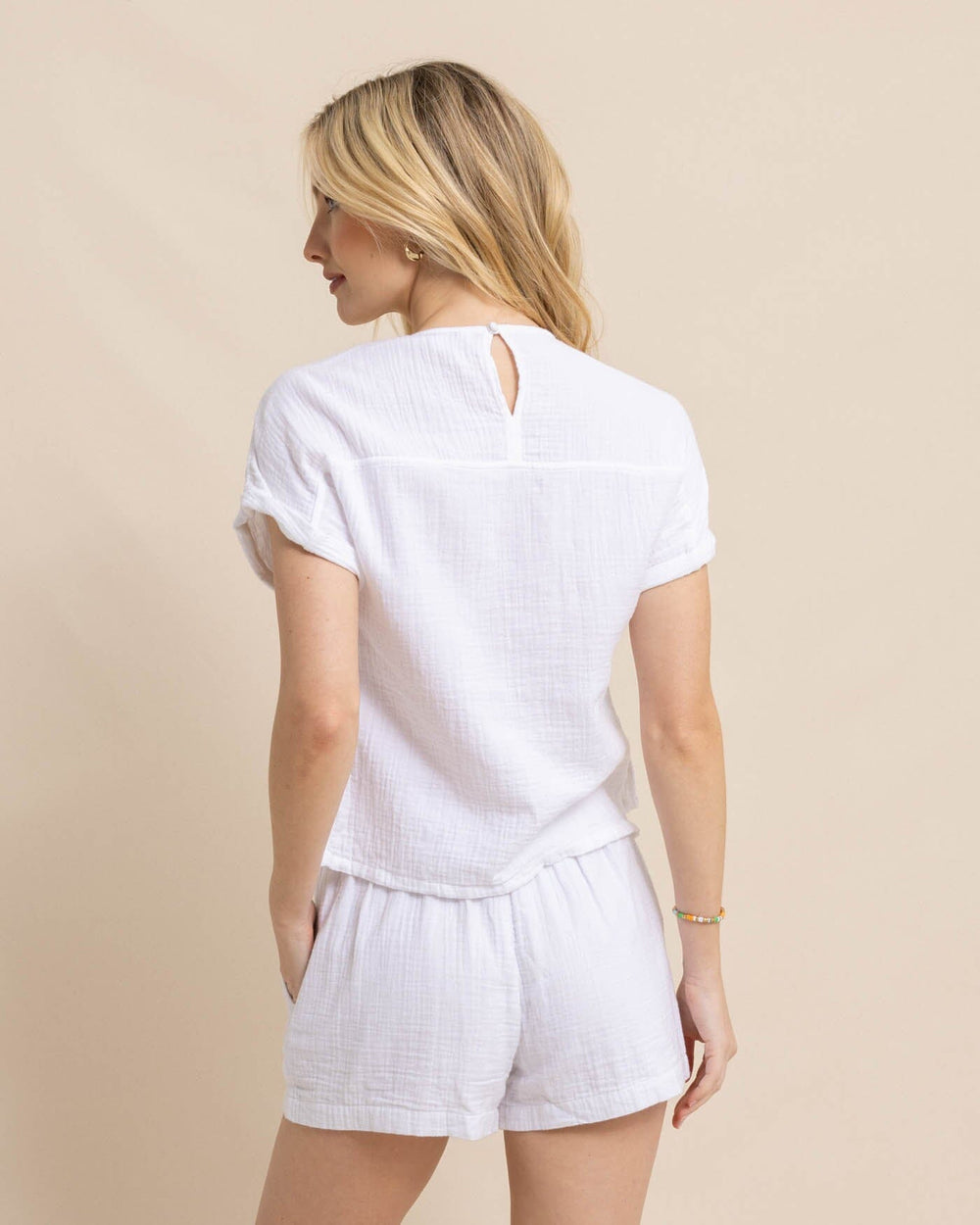 The back view of the Southern Tide Imogen Double Cloth Top by Southern Tide - Classic White