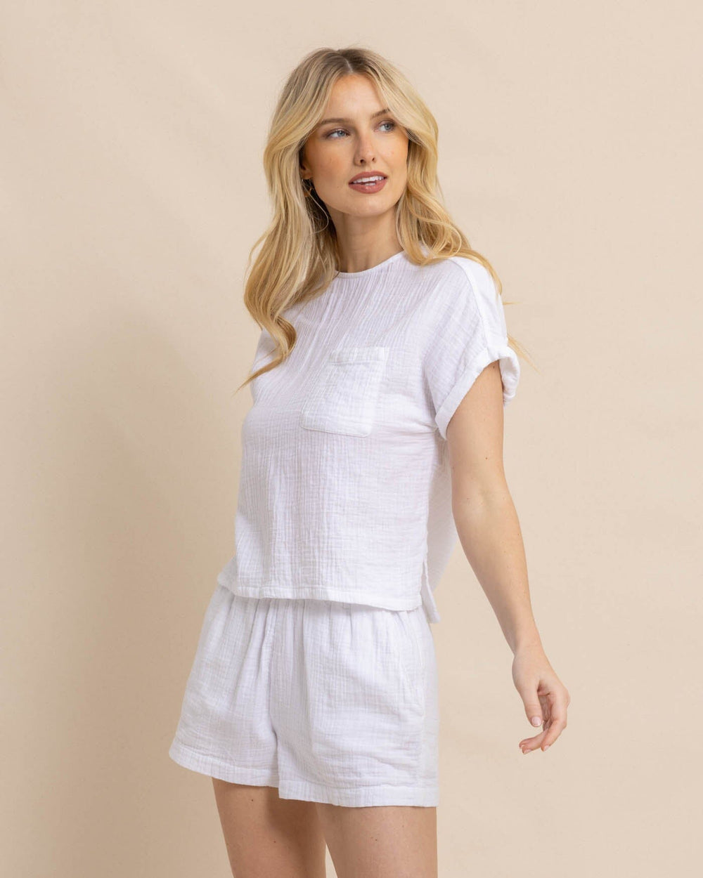 The front view of the Southern Tide Imogen Double Cloth Top by Southern Tide - Classic White