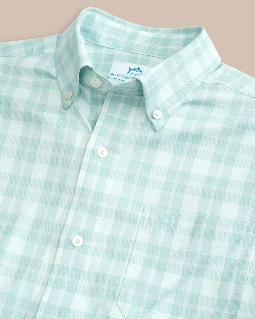 The detail view of the Southern Tide Intercoastal Primrose Plaid Long Sleeve Sport Shirt by Southern Tide - Morning Mist Sage