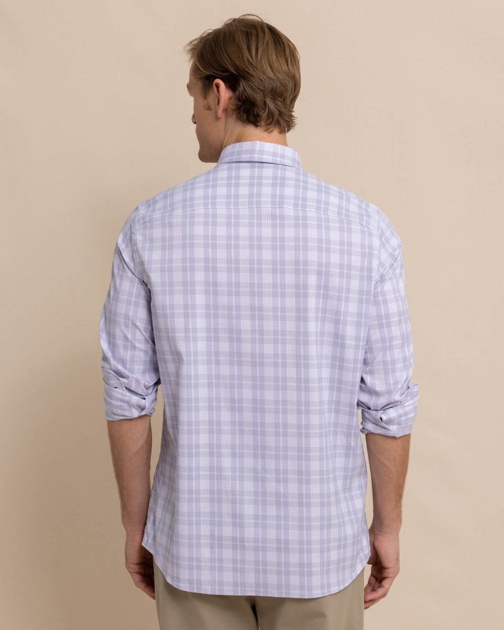 The back view of the Southern Tide Intercoastal Primrose Plaid Long Sleeve Sport Shirt by Southern Tide - Orchid Petal