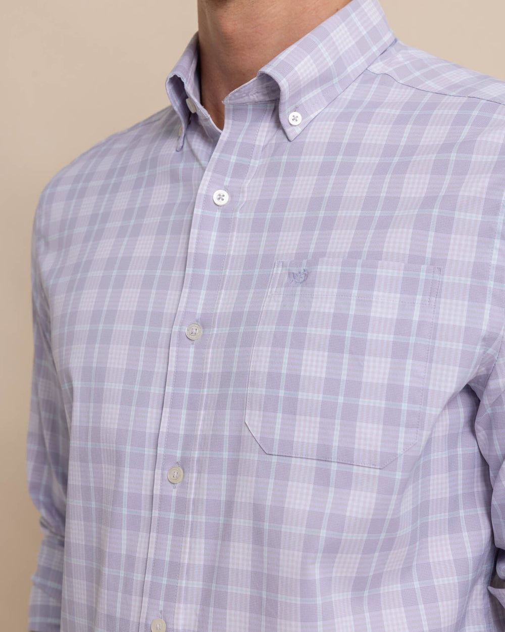 The detail view of the Southern Tide Intercoastal Primrose Plaid Long Sleeve Sport Shirt by Southern Tide - Orchid Petal