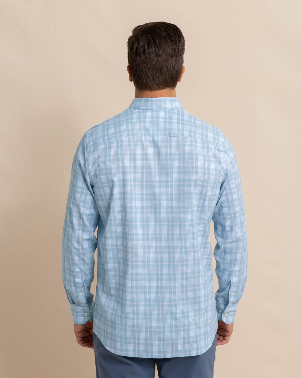 The back view of the Southern Tide Intercoastal Primrose Plaid Long Sleeve Sport Shirt by Southern Tide - Subdued Blue