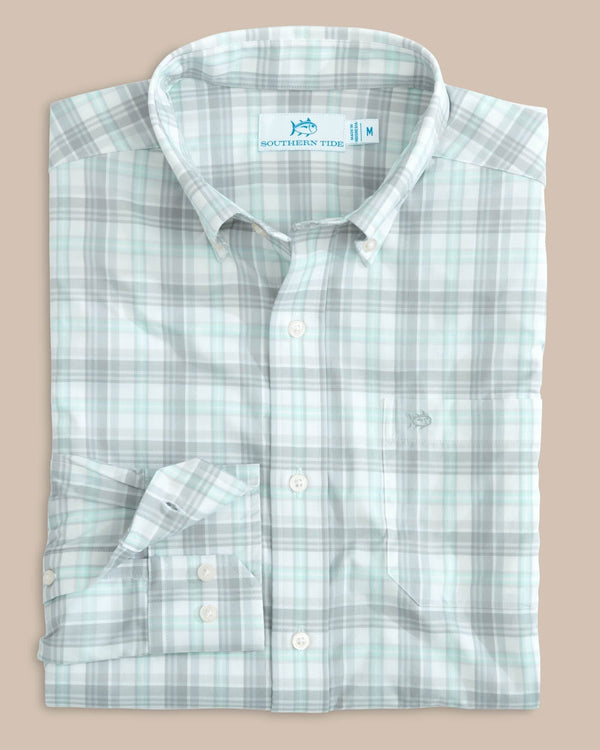 The front view of the Southern Tide Intercoastal West End Plaid Long Sleeve Sport Shirt by Southern Tide - Platinum Grey