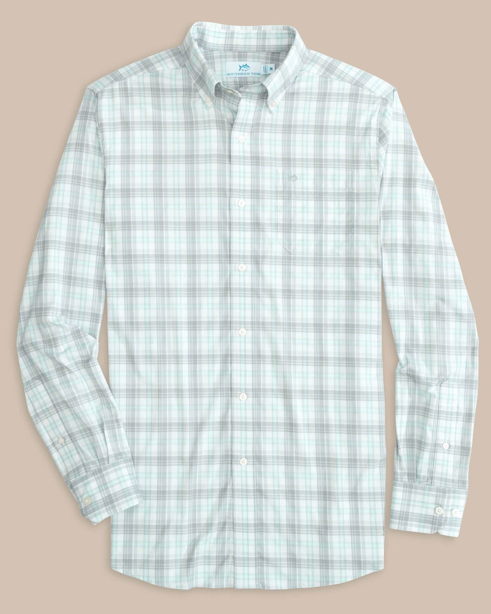 The front view of the Southern Tide Intercoastal West End Plaid Long Sleeve Sport Shirt by Southern Tide - Platinum Grey