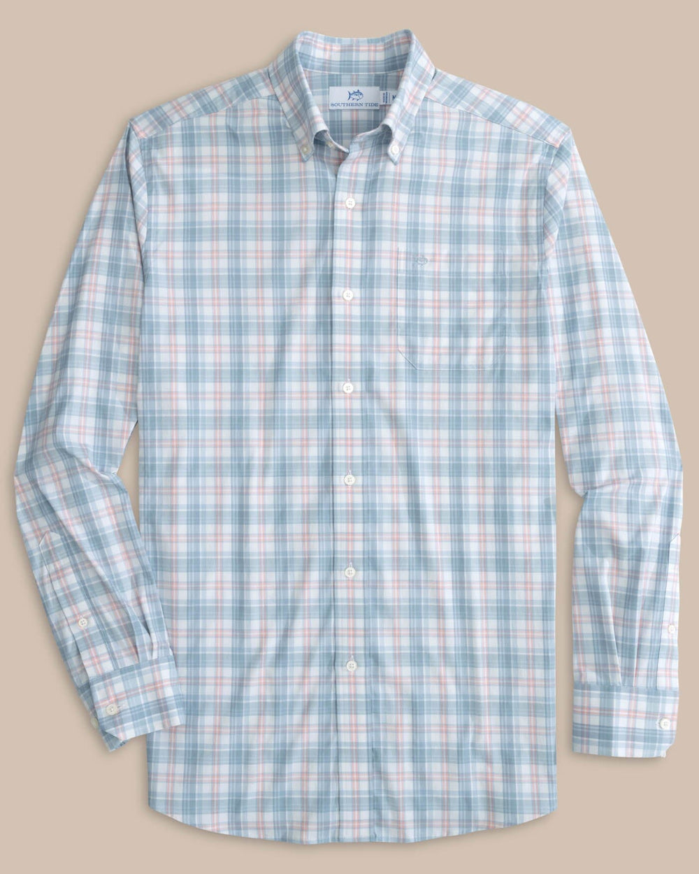 The front view of the Southern Tide Intercoastal West End Plaid Long Sleeve Sport Shirt by Southern Tide - Subdued Blue