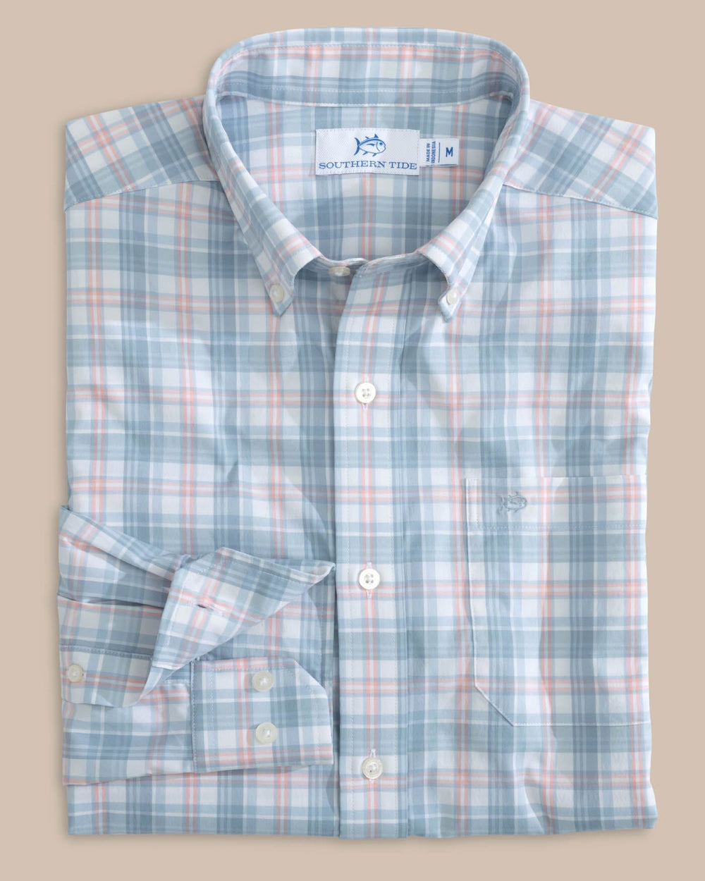 The front view of the Southern Tide Intercoastal West End Plaid Long Sleeve Sport Shirt by Southern Tide - Subdued Blue
