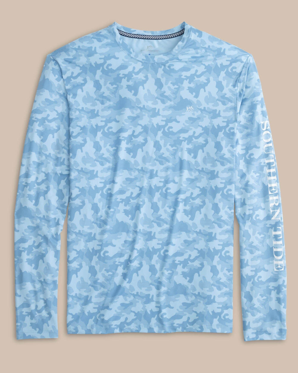 The front view of the Southern Tide Island Camo Long Sleeve Performance T-shirt by Southern Tide - Clearwater Blue