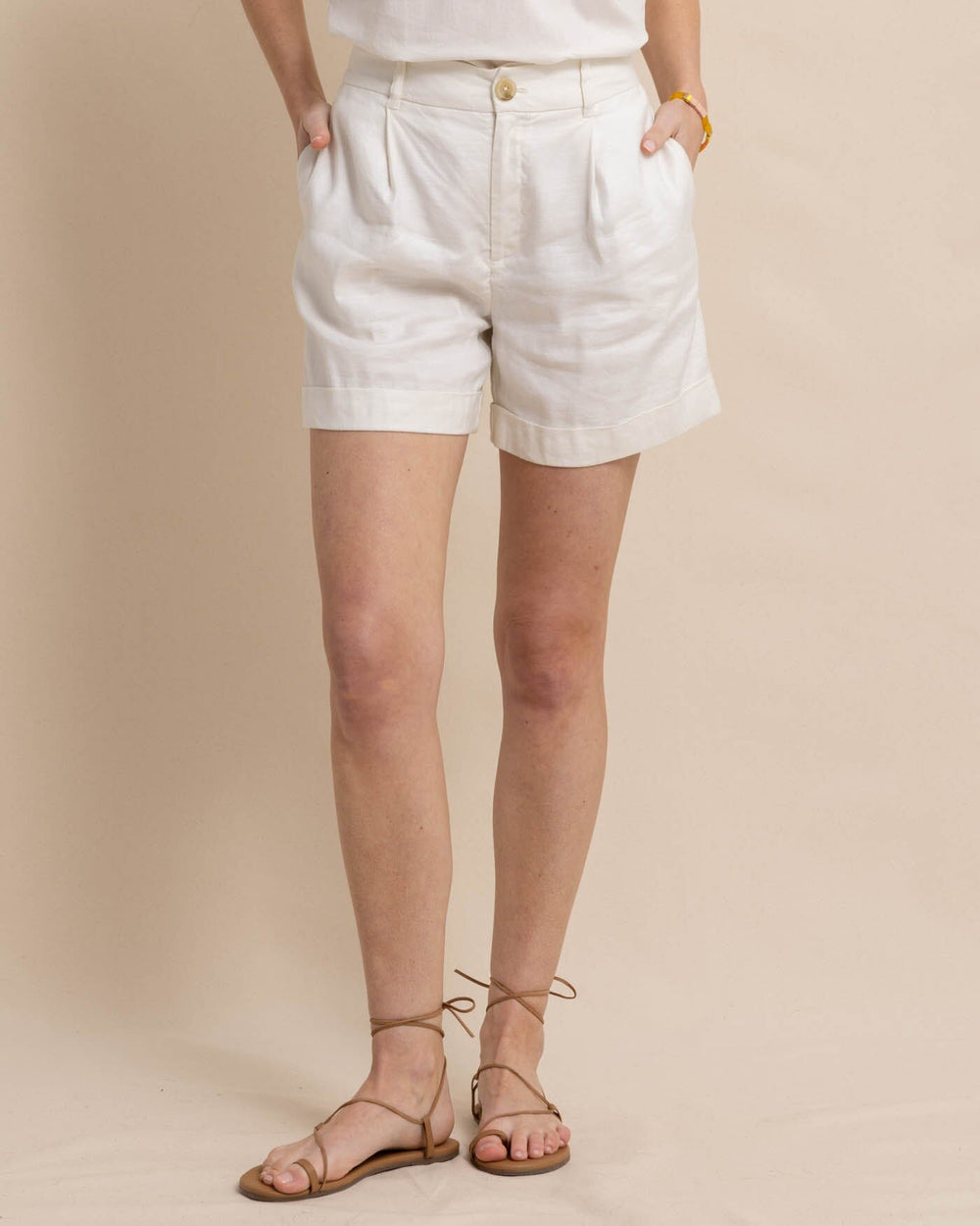The front view of the Southern Tide Jacey Twill Short by Southern Tide - Sand White