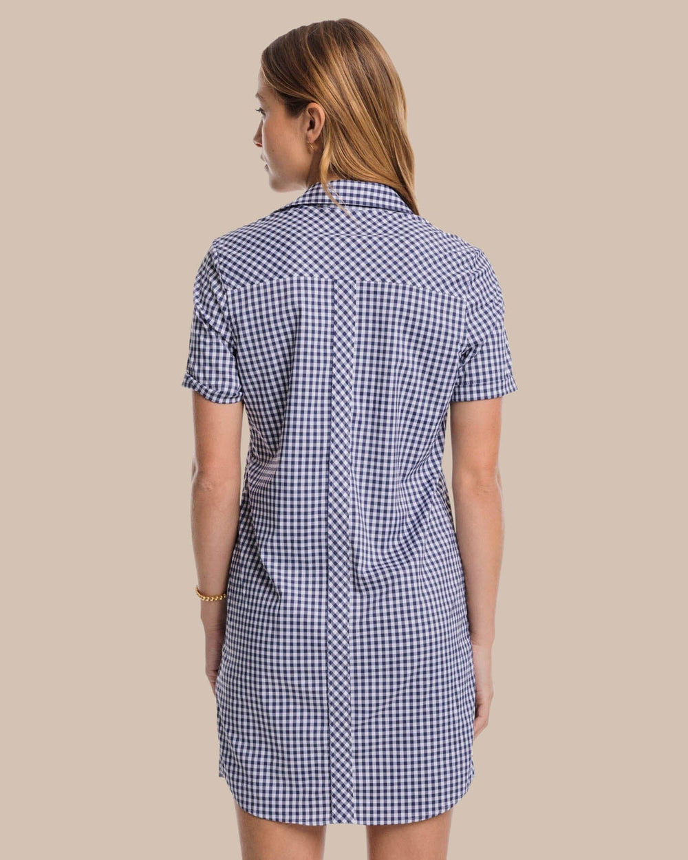 The back view of the Southern Tide Kamryn brrr°® Intercoastal Gingham Dress by Southern Tide - Nautical Navy