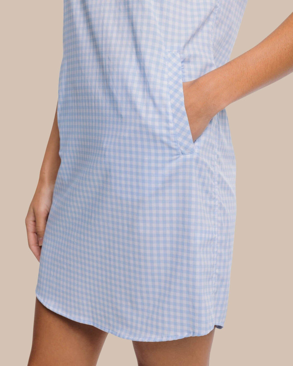The detail view of the Southern Tide Kamryn brrr°® Intercoastal Gingham Dress by Southern Tide - Sky Blue
