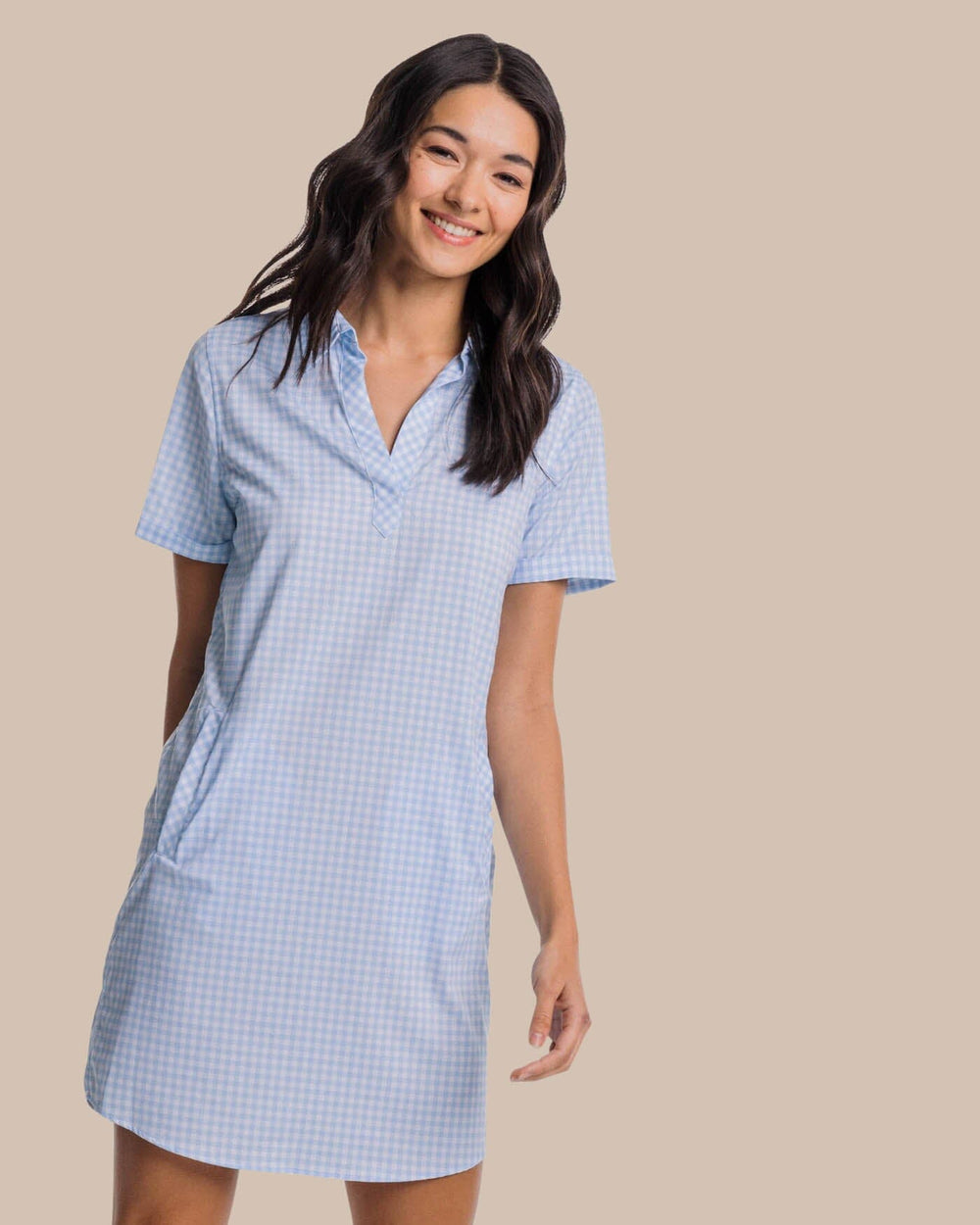The front view of the Southern Tide Kamryn brrr°® Intercoastal Gingham Dress by Southern Tide - Sky Blue