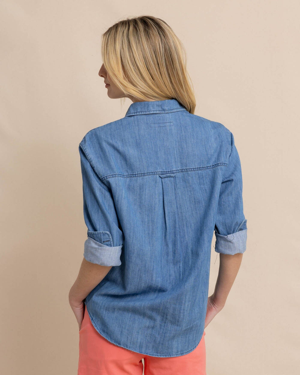 The back view of the Southern Tide Katherine Denim Shirt by Southern Tide - Medium Wash Indigo