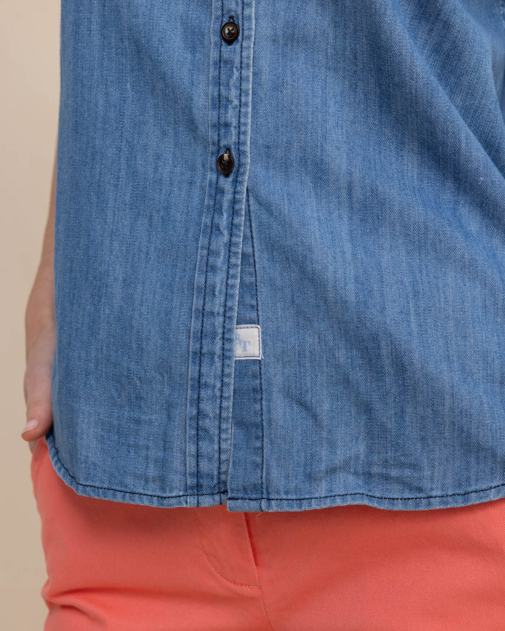 The detail view of the Southern Tide Katherine Denim Shirt by Southern Tide - Medium Wash Indigo