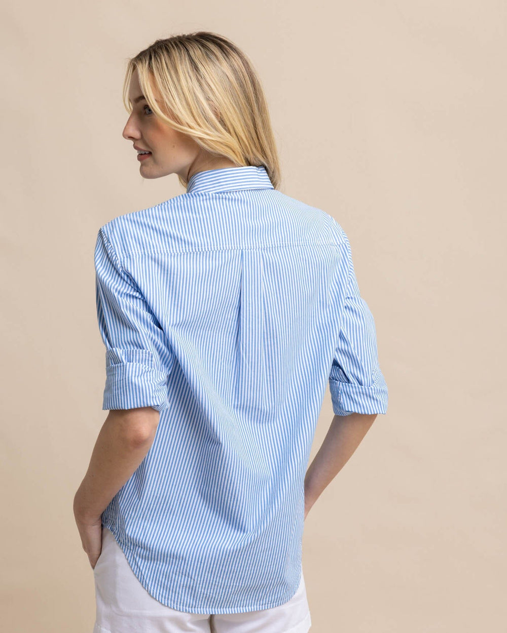 The back view of the Southern Tide Katherine Stripe Shirt by Southern Tide - Blue Fin