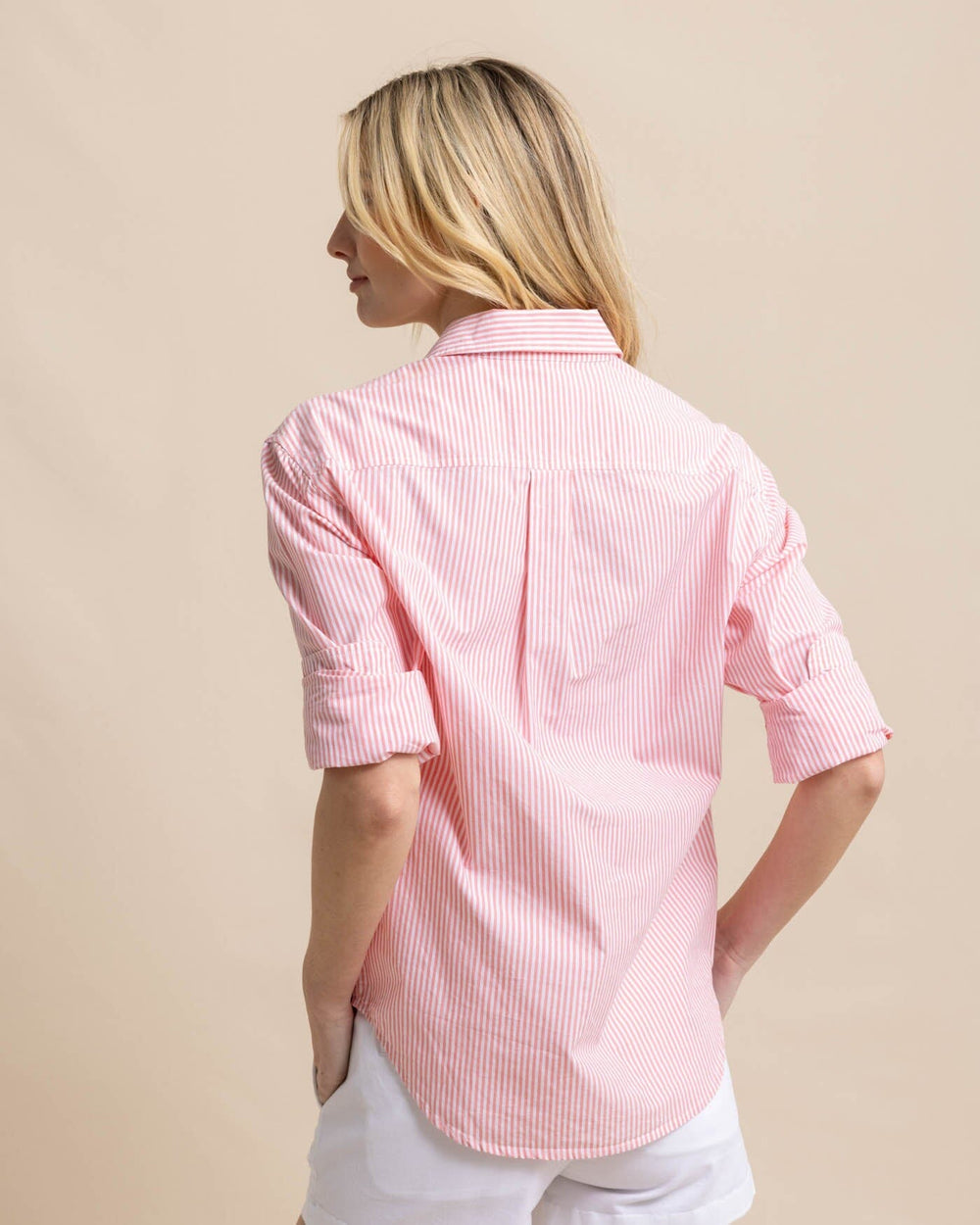The back view of the Southern Tide Katherine Stripe Shirt by Southern Tide - Conch Shell