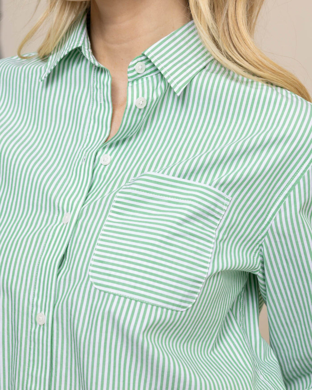 The detail view of the Southern Tide Katherine Stripe Shirt by Southern Tide - Lawn Green