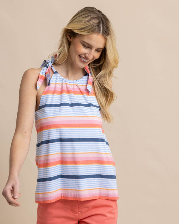The front view of the Southern Tide Kaylen Set Sail Stripe Top by Southern Tide - Conch Shell