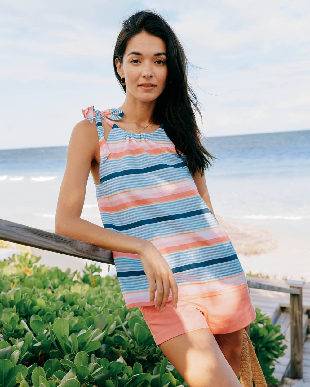 The front view of the Southern Tide Kaylen Set Sail Stripe Top by Southern Tide - Conch Shell