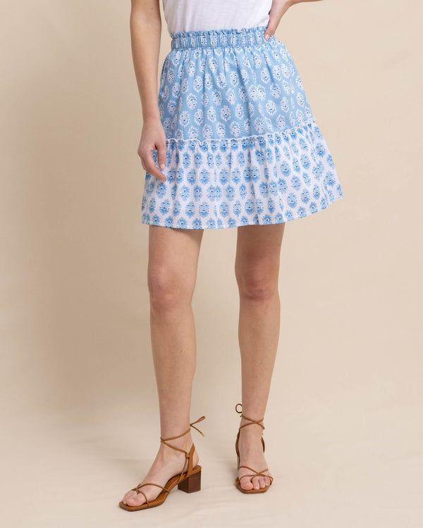 The front view of the Southern Tide Keely Garden Variety Printed Skirt by Southern Tide - Clearwater Blue