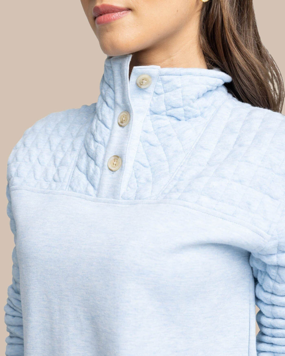 The detail view of the Southern Tide Kelsea Quilted Heather Pullover by Southern Tide - Heather Dream Blue