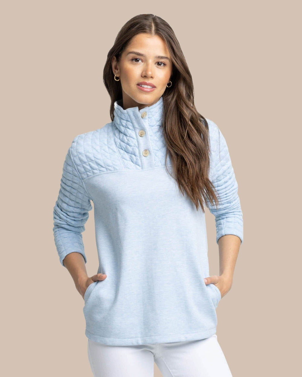 The front view of the Southern Tide Kelsea Quilted Heather Pullover by Southern Tide - Heather Dream Blue