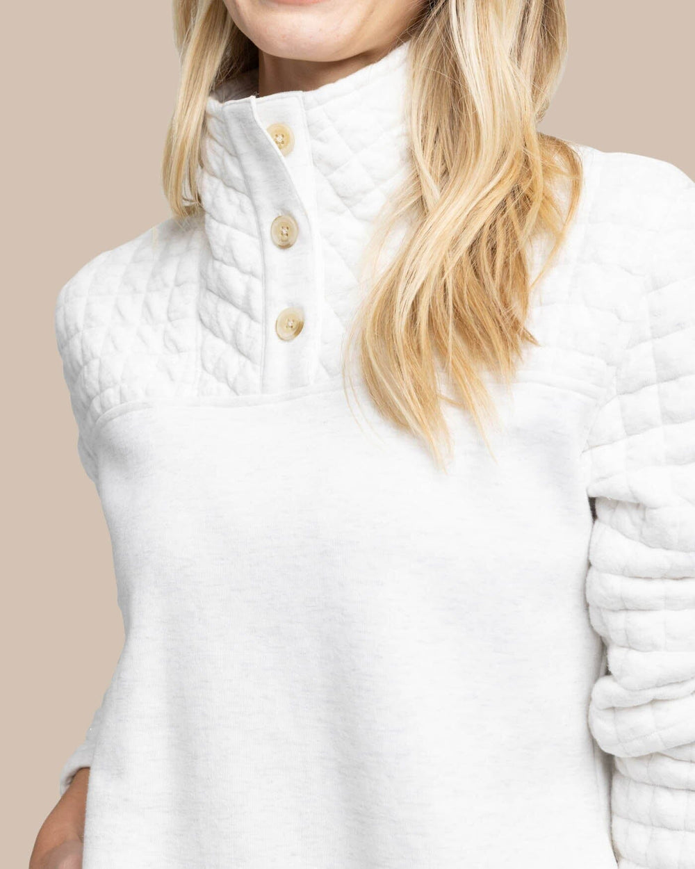 The detail view of the Southern Tide Kelsea Quilted Heather Pullover by Southern Tide - Heather Star White
