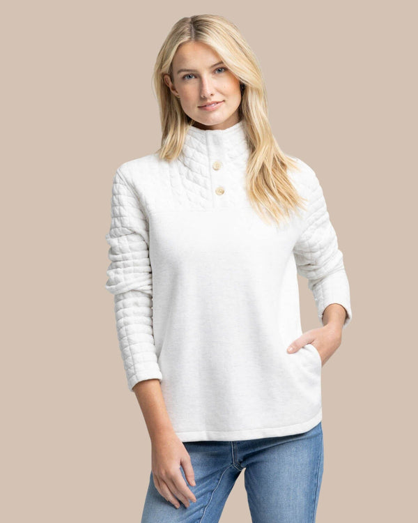 The front view of the Southern Tide Kelsea Quilted Heather Pullover by Southern Tide - Heather Star White
