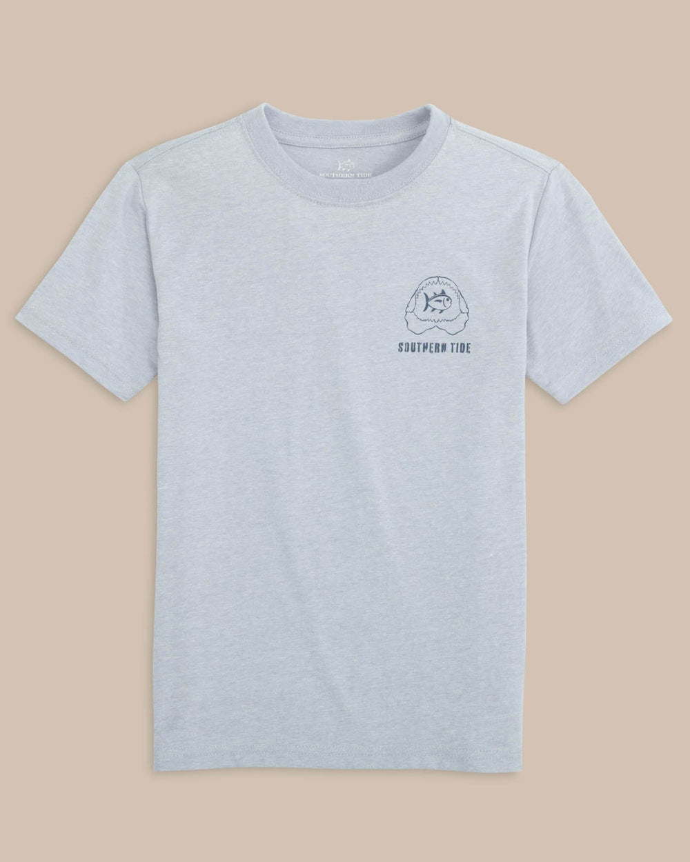 The front view of the Southern Tide Kid's Heather Shark Plank Short Sleeve T-shirt by Southern Tide - Heather Platinum Grey
