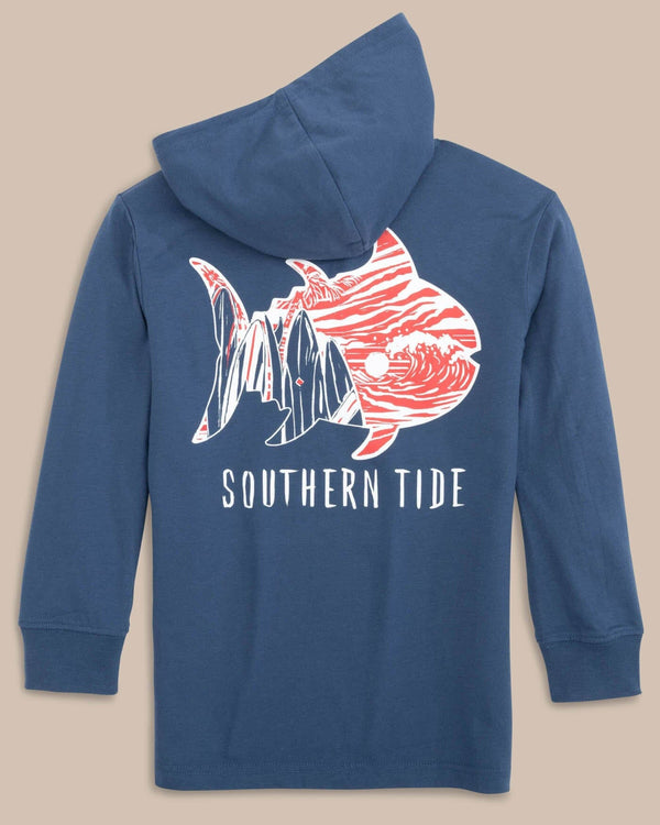 The back view of the Southern Tide Kid's Surfing Skipjack Hoodie T-shirt by Southern Tide - Aged Denim