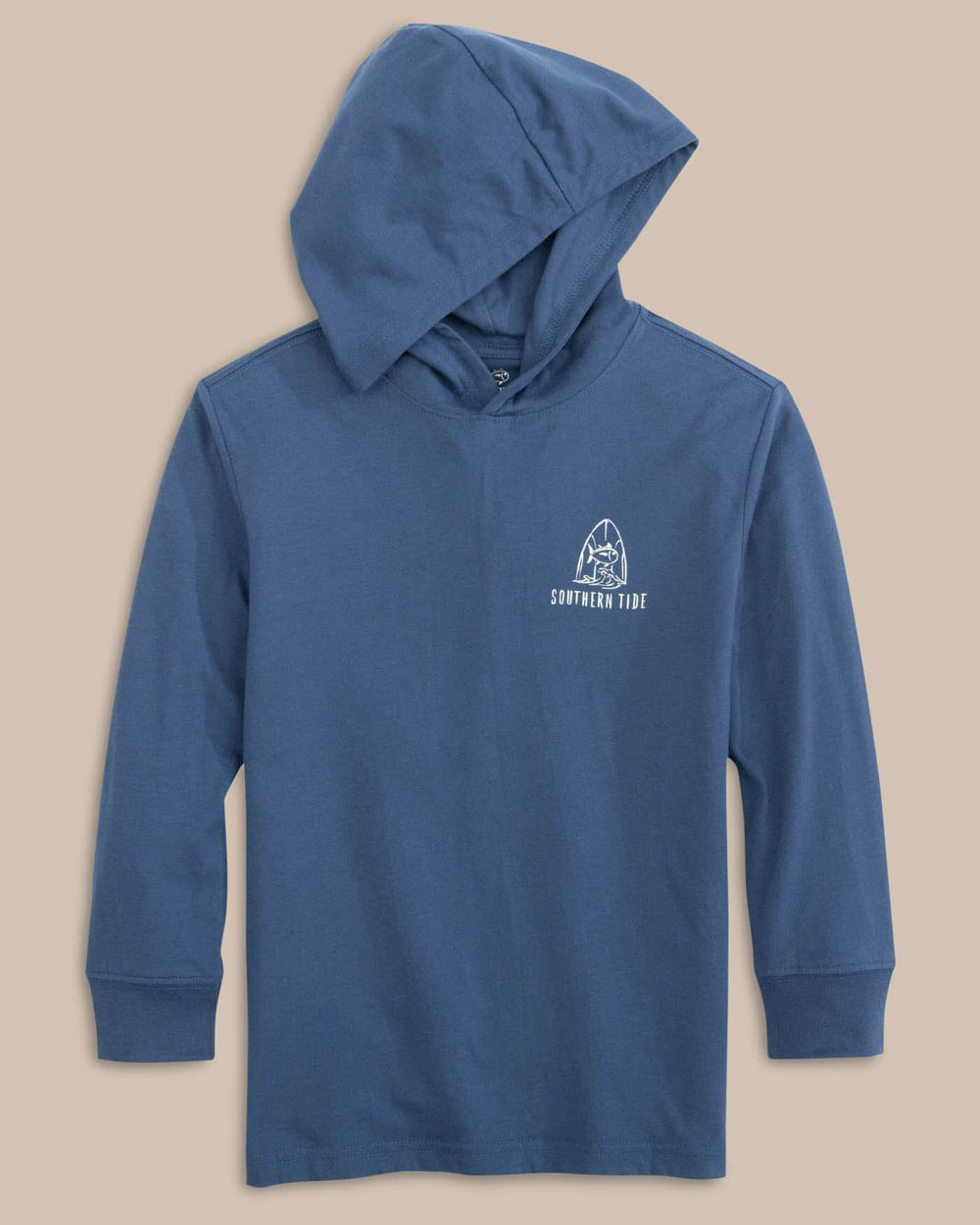 The front view of the Southern Tide Kid's Surfing Skipjack Hoodie T-shirt by Southern Tide - Aged Denim