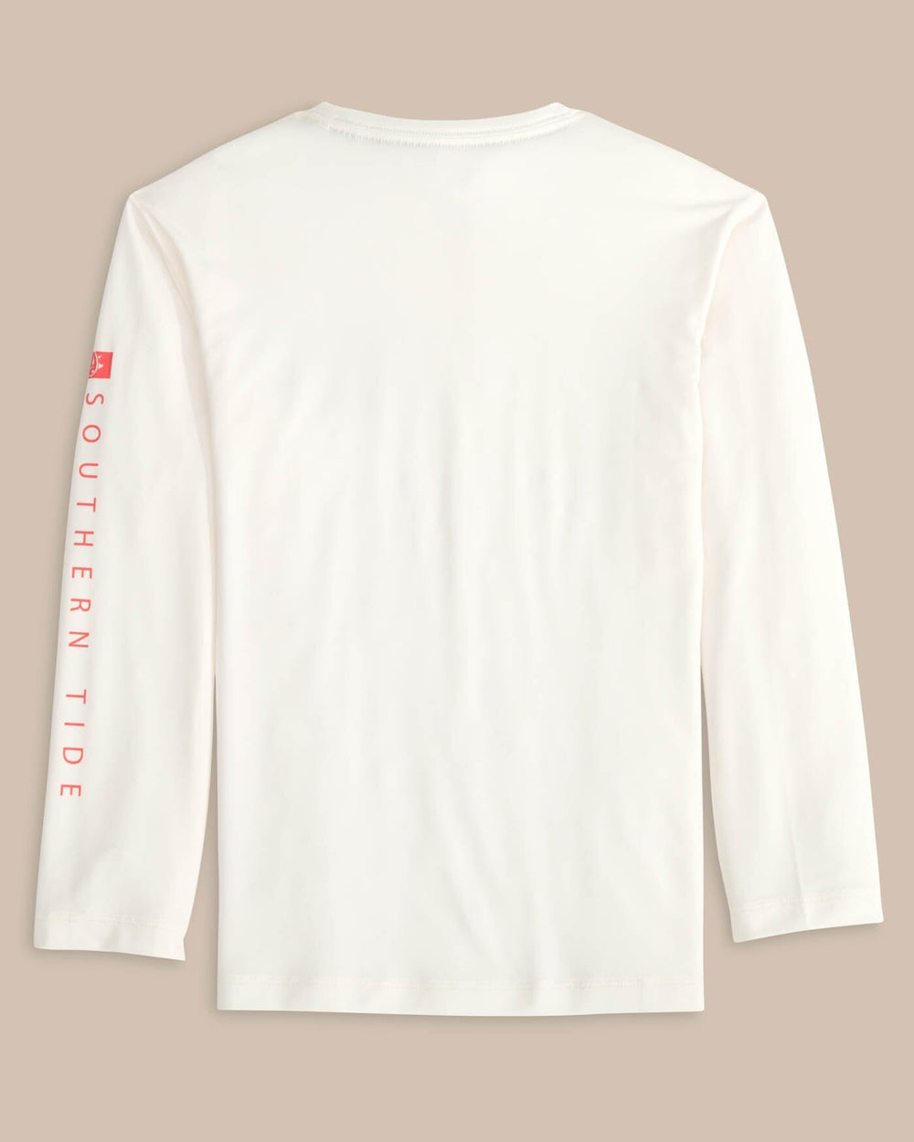 The back view of the Southern Tide Kids Boxed Chest Performance Long Sleeve T-Shirt by Southern Tide - Sand White