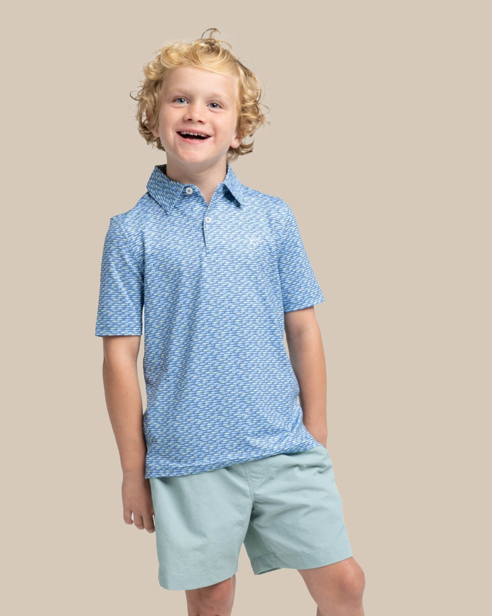 The front view of the Southern Tide Youth Driver Casual Water Printed Polo by Southern Tide - Coronet Blue