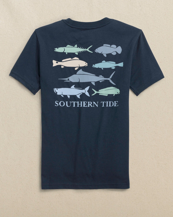 The back view of the Southern Tide Kids Fish Stamp Short Sleeve T-Shirt by Southern Tide - Dress Blue