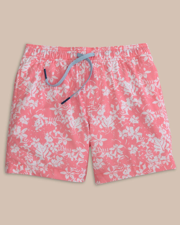The front view of the Southern Tide Kids Island Blooms Swim Trunk by Southern Tide - Geranium Pink