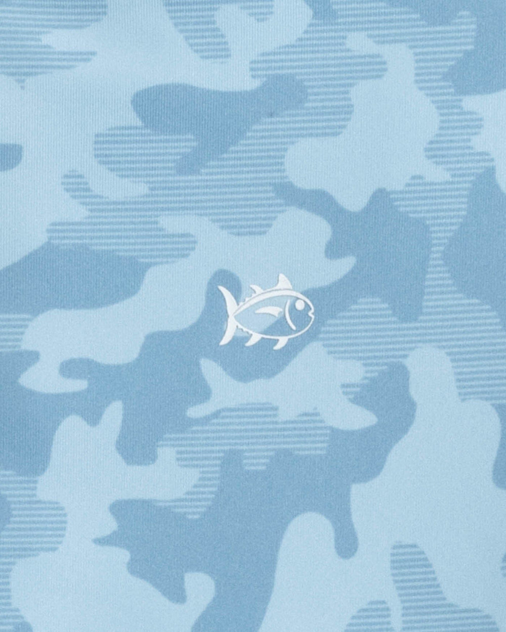 The detail view of the Southern Tide Kids Island Camo Long Sleeve Performance T-shirt by Southern Tide - Clearwater Blue