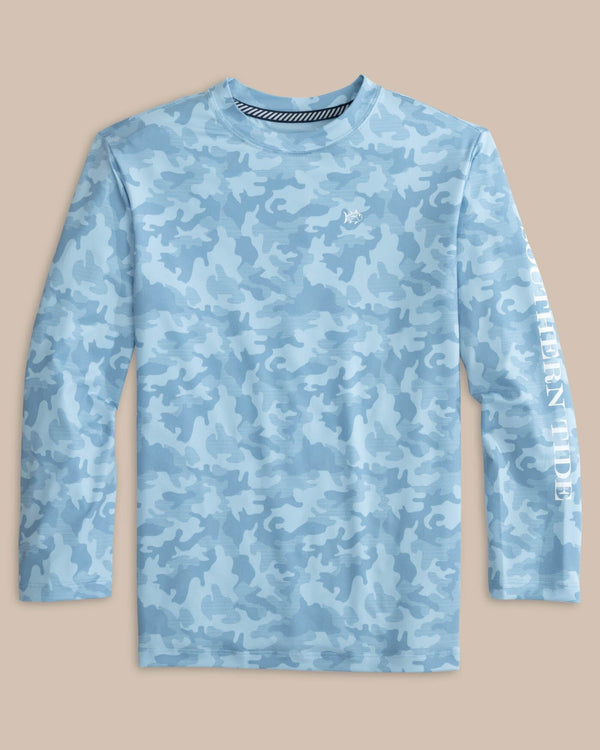 The front view of the Southern Tide Kids Island Camo Long Sleeve Performance T-shirt by Southern Tide - Clearwater Blue