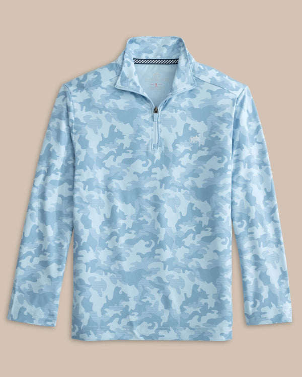 The front view of the Southern Tide Kids Island Camo Print Cruiser Quarter Zip by Southern Tide - Clearwater Blue