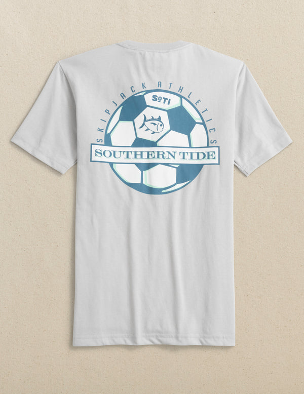 The back view of the Southern Tide Kids Kicking It Athletics Short Sleeve T-Shirt by Southern Tide - Platinum Grey