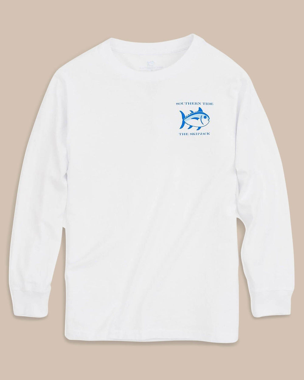 The front view of the Southern Tide Kids Long Sleeve Original Skipjack T-Shirt by Southern Tide - Classic White